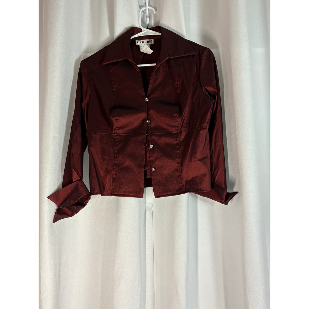 Cachet Vintage Burgundy Red Iridescent Rhinestone Button Blouse 12P USA WC0054